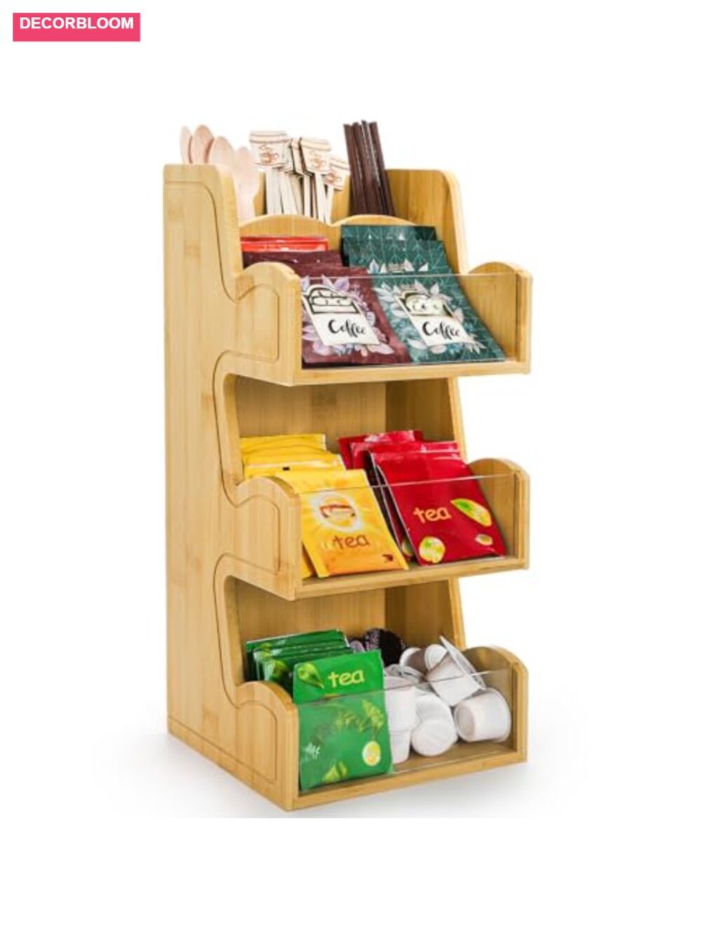 3 Tier Bamboo Coffee Condiment Station, 6 Compartments, Kitchen Storage